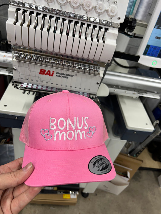 Bonus Mom Embroidered Hat Pink